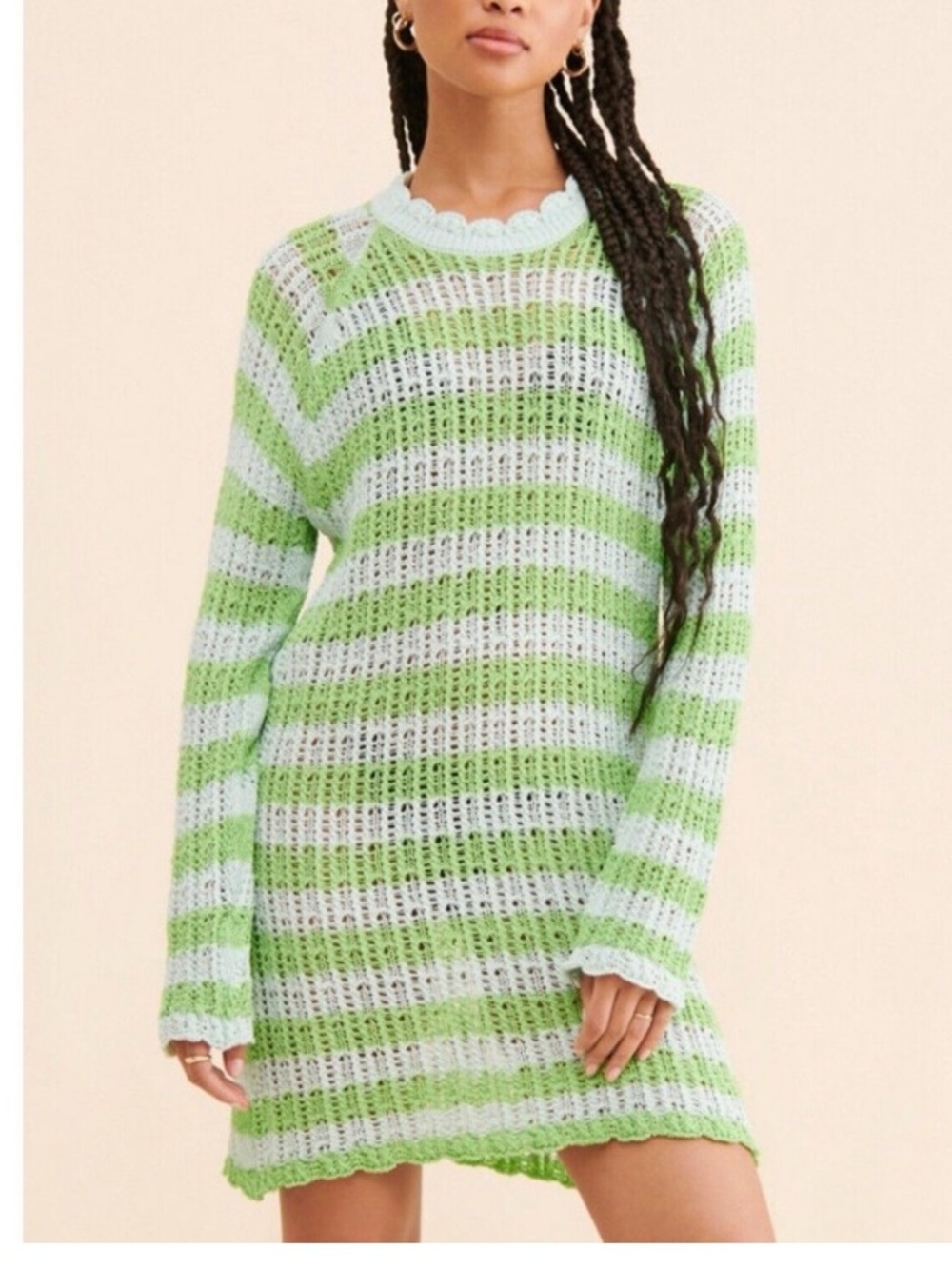 4si3nna x Anthropologie green Striped Open-Knit Sweater Dress tunic S small